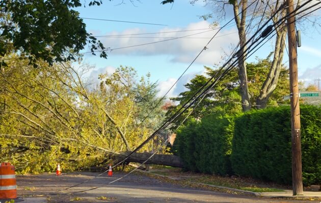 Árbol caído que derribó líneas eléctricas y bloquea la calle